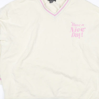 Primark Women’s Ivory L Pullover Sweatshirt Pink Slogan V-Neck