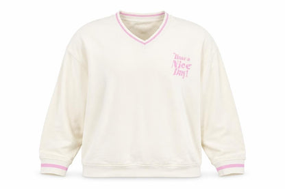 Primark Women’s Ivory L Pullover Sweatshirt Pink Slogan V-Neck