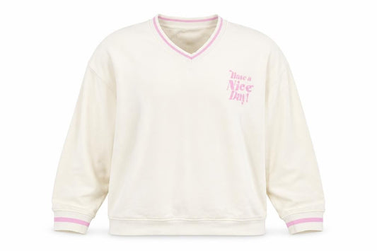 Primark Women’s Ivory L Pullover Sweatshirt Pink Slogan V-Neck