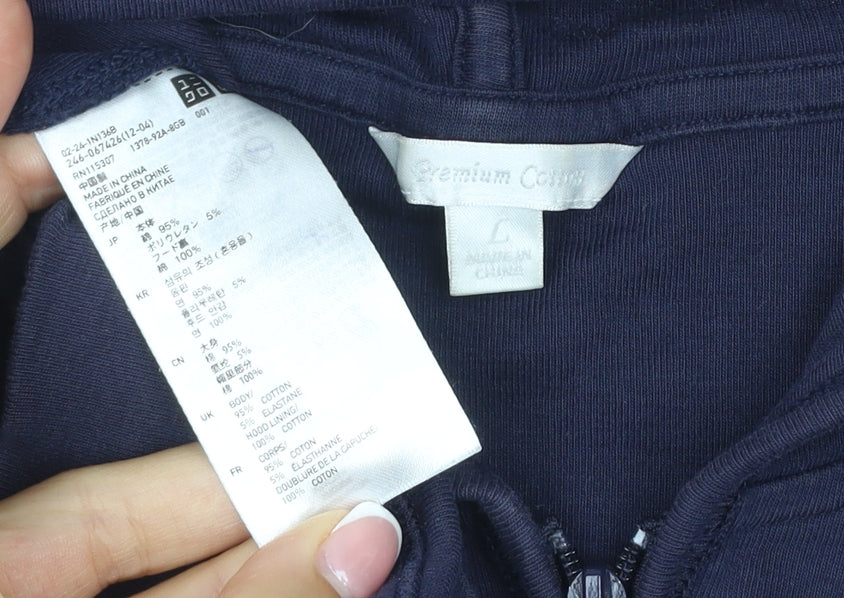 Uniqlo Women Blue L Full Zip Hooded Cotton Stretch Hoodie
