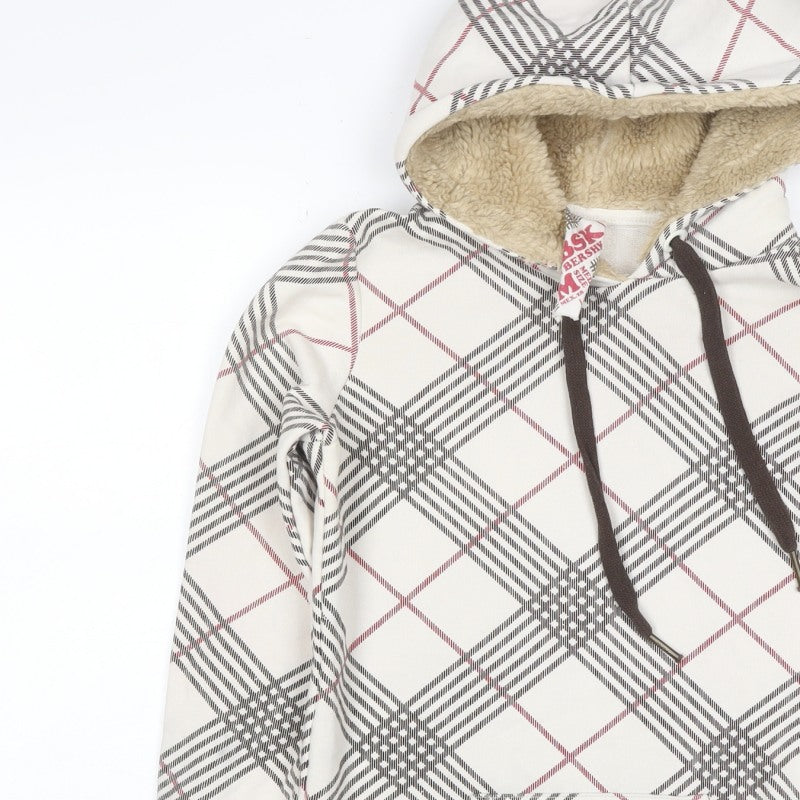 Bershka Women’s M White Check Fleece-Lined Hooded Pullover Hoodie