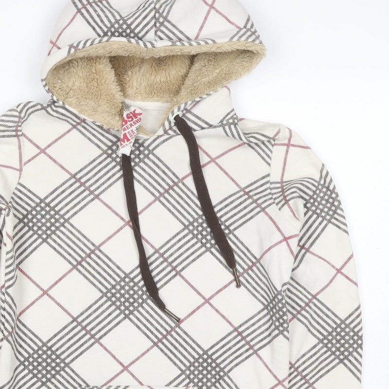 Bershka Women’s M White Check Fleece-Lined Hooded Pullover Hoodie