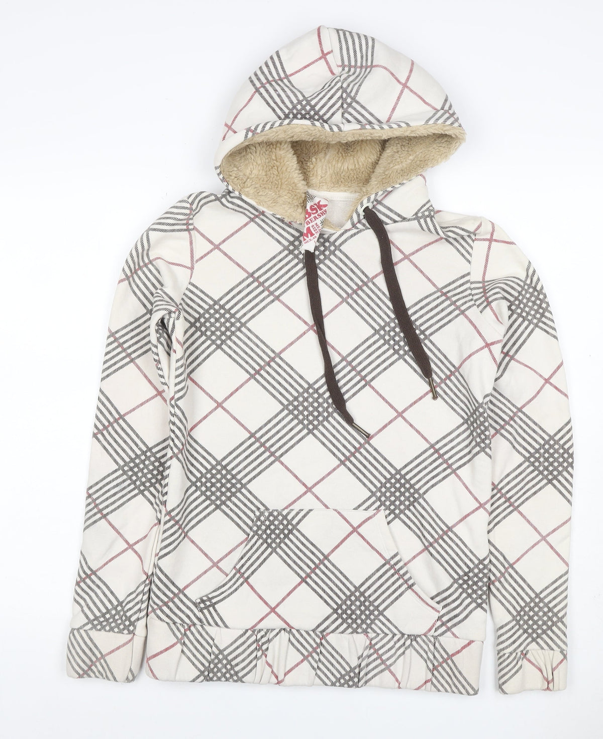 Bershka Women’s M White Check Fleece-Lined Hooded Pullover Hoodie