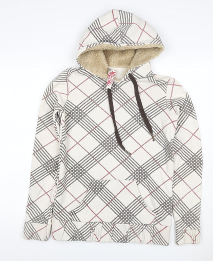 Bershka Women’s M White Check Fleece-Lined Hooded Pullover Hoodie