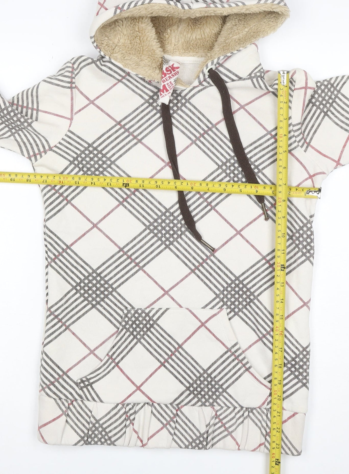 Bershka Women’s M White Check Fleece-Lined Hooded Pullover Hoodie