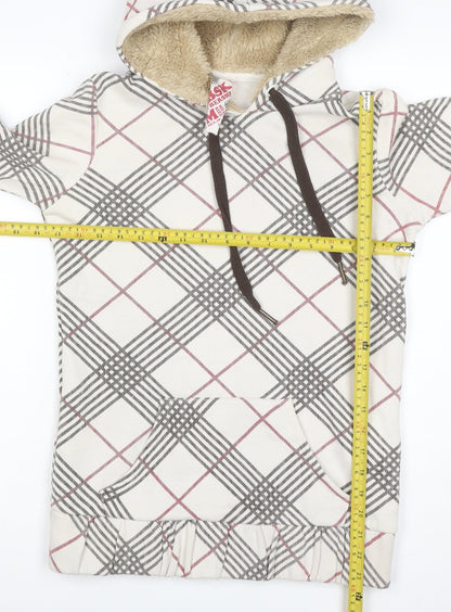Bershka Women’s M White Check Fleece-Lined Hooded Pullover Hoodie