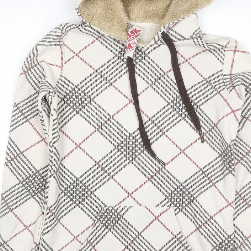 Bershka Women’s M White Check Fleece-Lined Hooded Pullover Hoodie