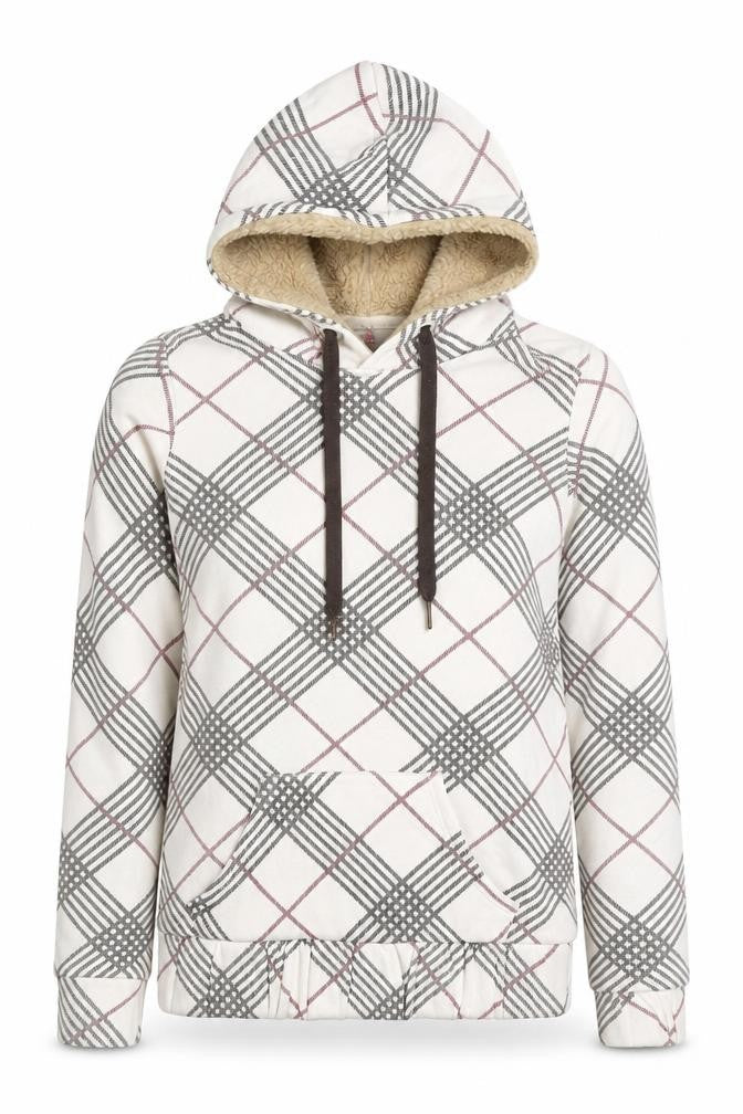 Bershka Women’s M White Check Fleece-Lined Hooded Pullover Hoodie