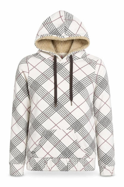 Bershka Women’s M White Check Fleece-Lined Hooded Pullover Hoodie