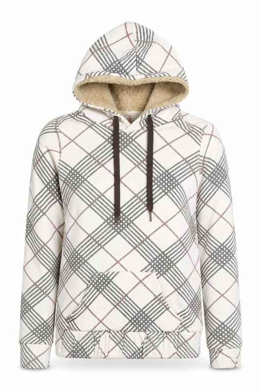 Bershka Women’s M White Check Fleece-Lined Hooded Pullover Hoodie