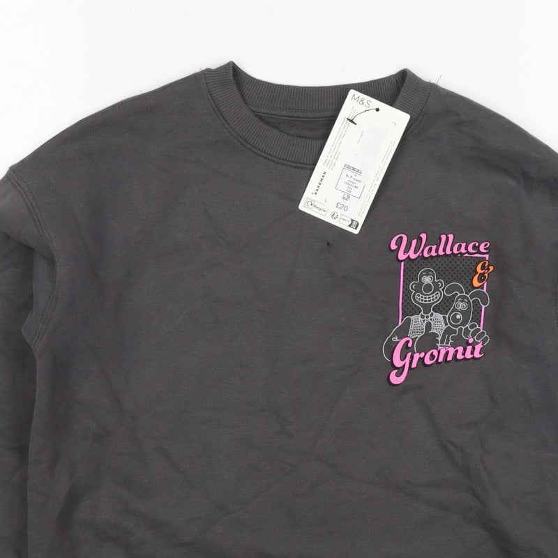 Marks and Spencer Girls Black 6-7 Years Wallace & Gromit Pullover Sweatshirt