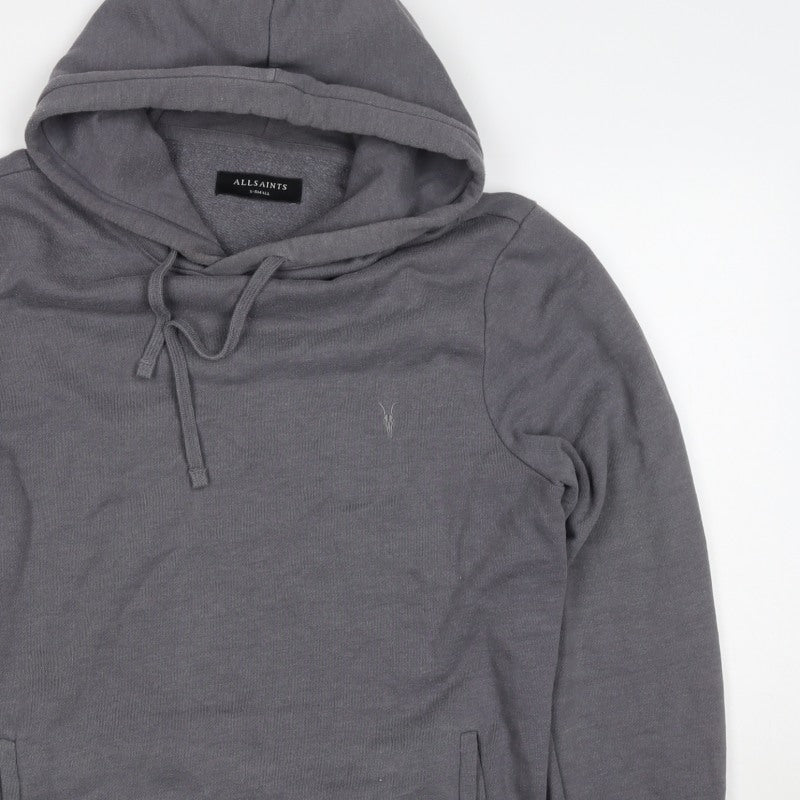 AllSaints Men’s Grey XS Pullover Hoodie Embroidered Logo Pockets