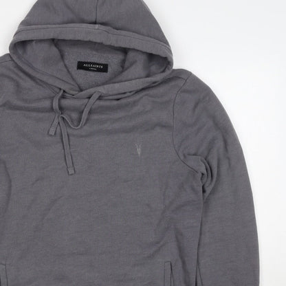 AllSaints Men’s Grey XS Pullover Hoodie Embroidered Logo Pockets