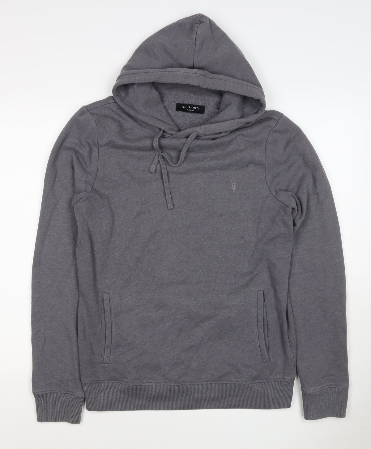 AllSaints Men’s Grey XS Pullover Hoodie Embroidered Logo Pockets