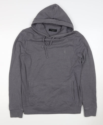 AllSaints Men’s Grey XS Pullover Hoodie Embroidered Logo Pockets