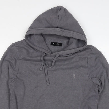 AllSaints Men’s Grey XS Pullover Hoodie Embroidered Logo Pockets