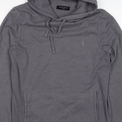 AllSaints Men’s Grey XS Pullover Hoodie Embroidered Logo Pockets