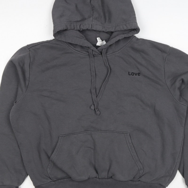 H&M Women’s Grey M Pullover Hoodie Love Embroidered Cotton Blend