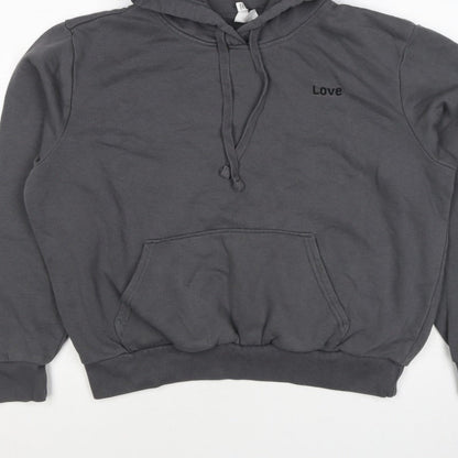 H&M Women’s Grey M Pullover Hoodie Love Embroidered Cotton Blend