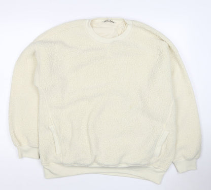 Next Women Ivory L Sherpa Fleece Crew Neck Pullover Sweatshirt Pockets