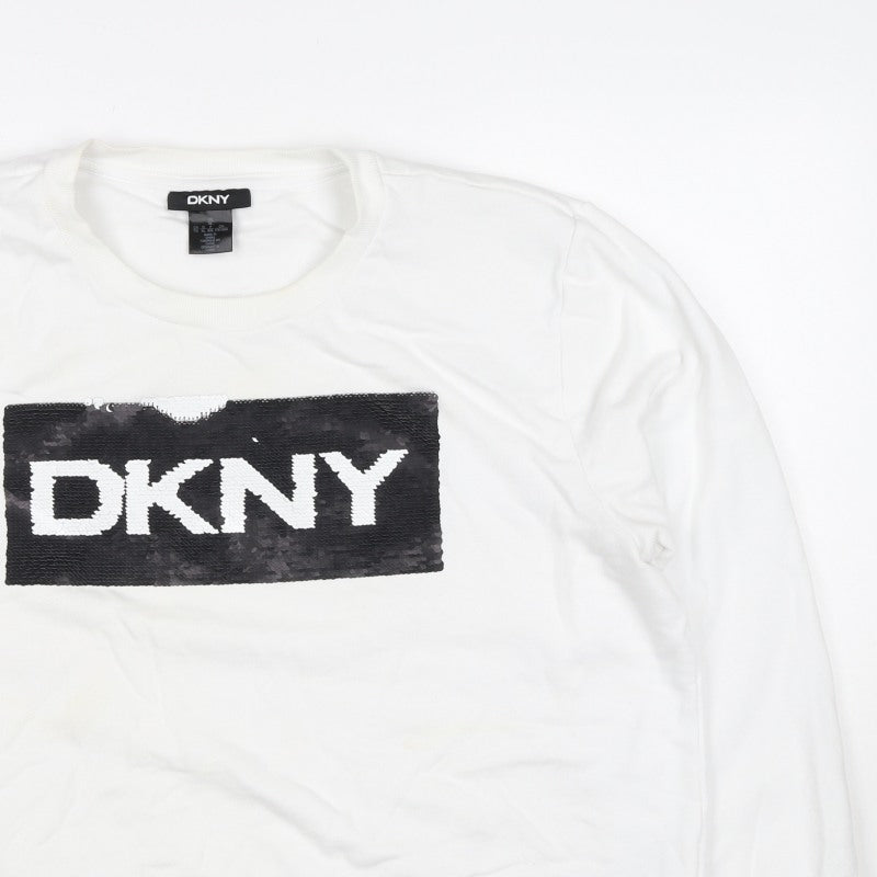 DKNY Women White XL Pullover Sweatshirt Sequin Logo Crew Neck