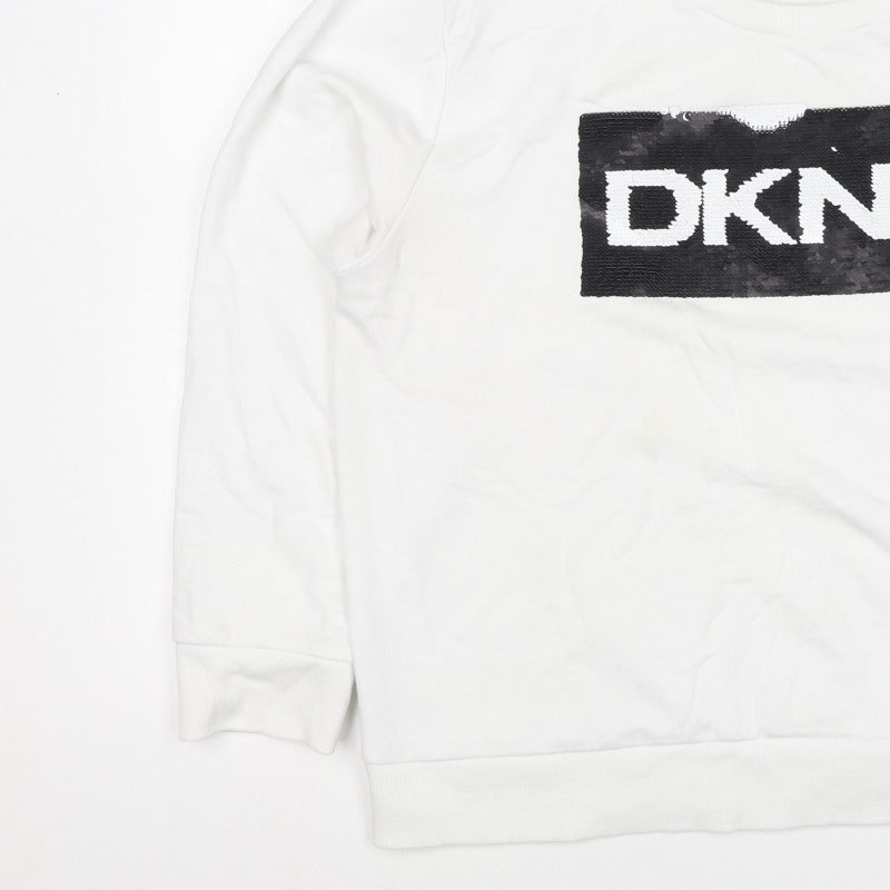 DKNY Women White XL Pullover Sweatshirt Sequin Logo Crew Neck