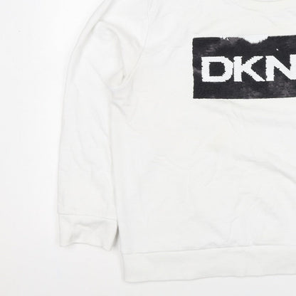 DKNY Women White XL Pullover Sweatshirt Sequin Logo Crew Neck