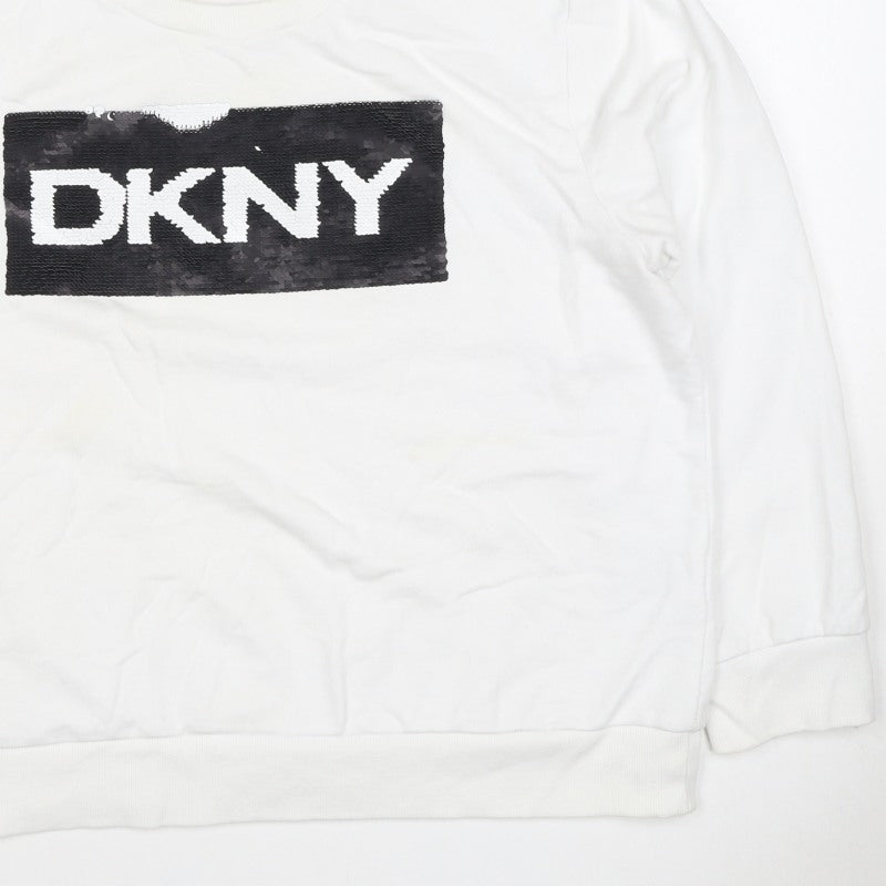 DKNY Women White XL Pullover Sweatshirt Sequin Logo Crew Neck
