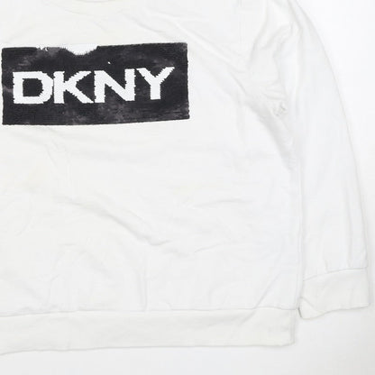 DKNY Women White XL Pullover Sweatshirt Sequin Logo Crew Neck