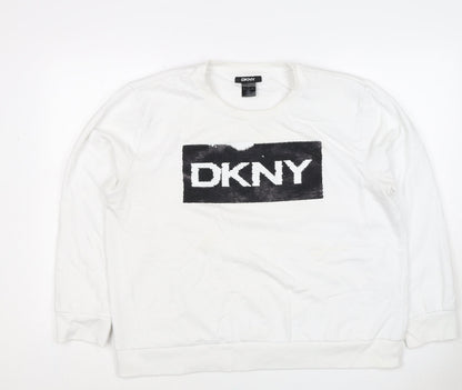 DKNY Women White XL Pullover Sweatshirt Sequin Logo Crew Neck