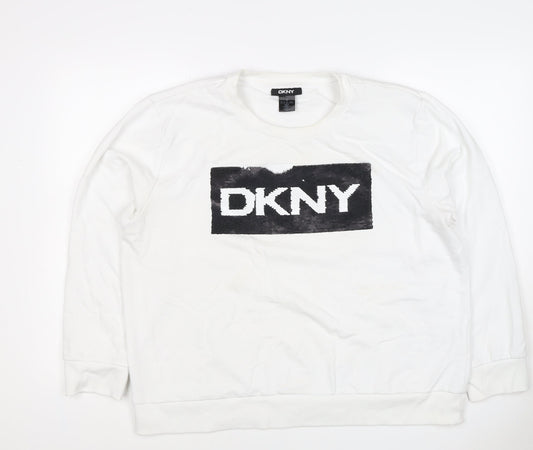DKNY Women White XL Pullover Sweatshirt Sequin Logo Crew Neck