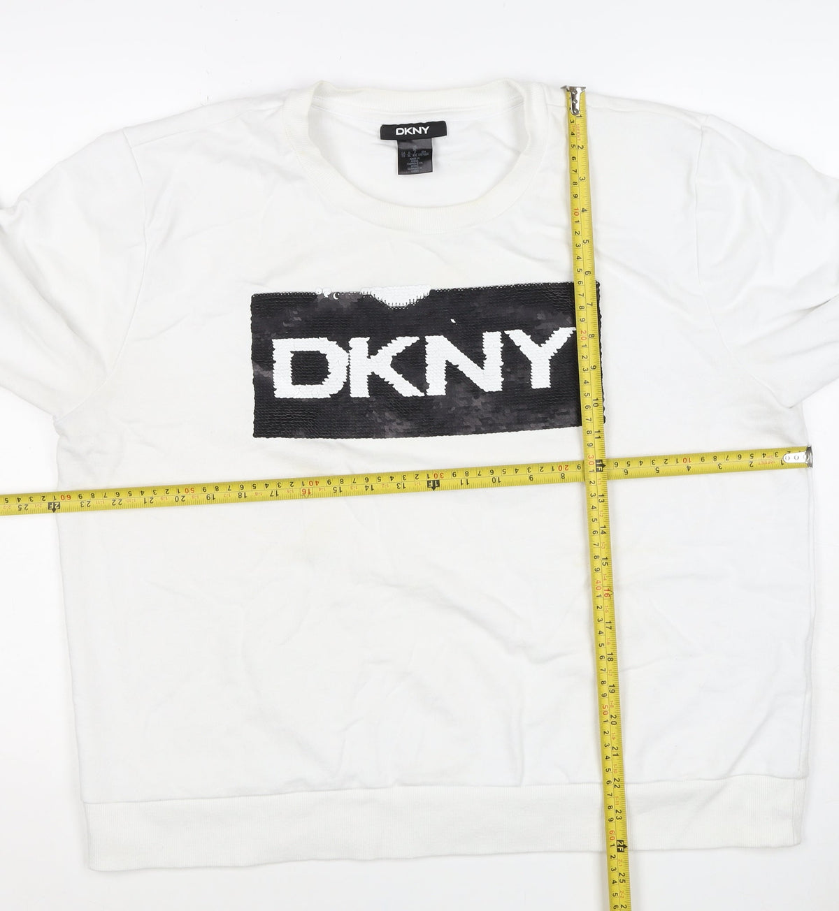 DKNY Women White XL Pullover Sweatshirt Sequin Logo Crew Neck