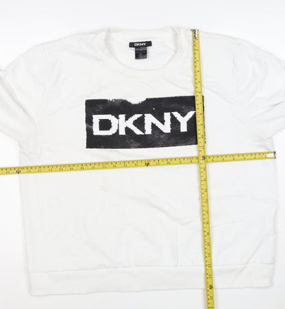 DKNY Women White XL Pullover Sweatshirt Sequin Logo Crew Neck