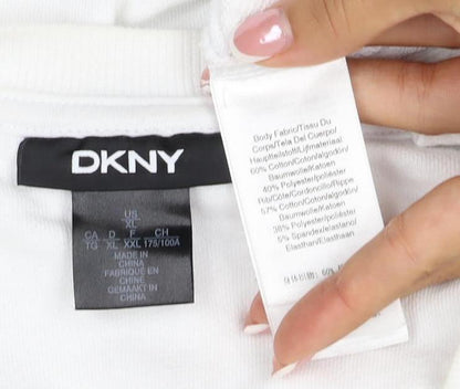 DKNY Women White XL Pullover Sweatshirt Sequin Logo Crew Neck