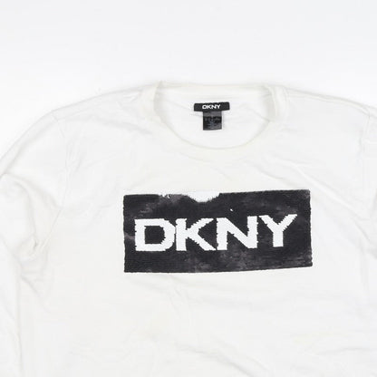 DKNY Women White XL Pullover Sweatshirt Sequin Logo Crew Neck