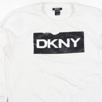 DKNY Women White XL Pullover Sweatshirt Sequin Logo Crew Neck