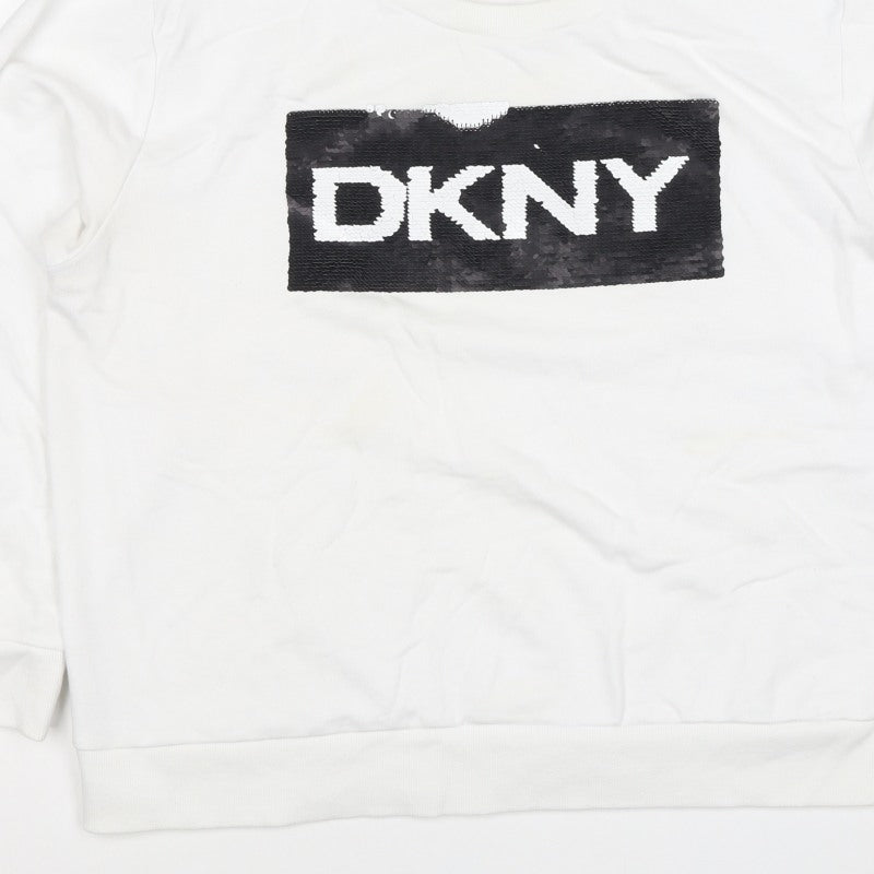 DKNY Women White XL Pullover Sweatshirt Sequin Logo Crew Neck
