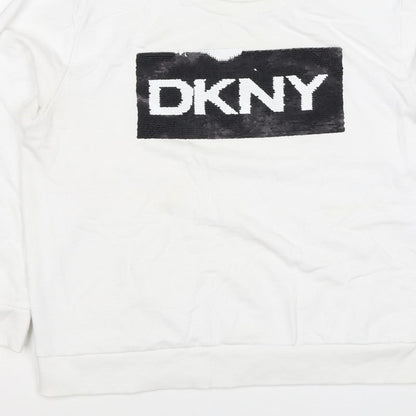 DKNY Women White XL Pullover Sweatshirt Sequin Logo Crew Neck