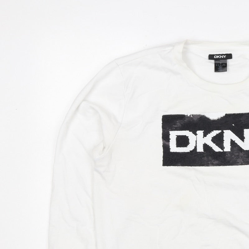 DKNY Women White XL Pullover Sweatshirt Sequin Logo Crew Neck