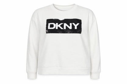 DKNY Women White XL Pullover Sweatshirt Sequin Logo Crew Neck