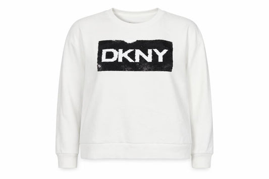 DKNY Women White XL Pullover Sweatshirt Sequin Logo Crew Neck