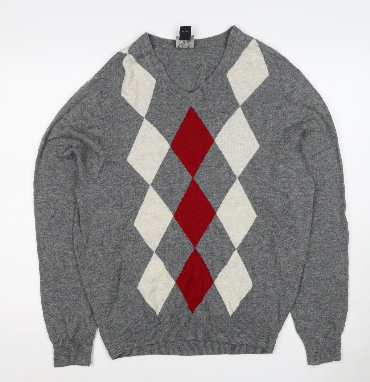 Jos A Bank Men Grey M Lambswool Argyle V-Neck Pullover Jumper
