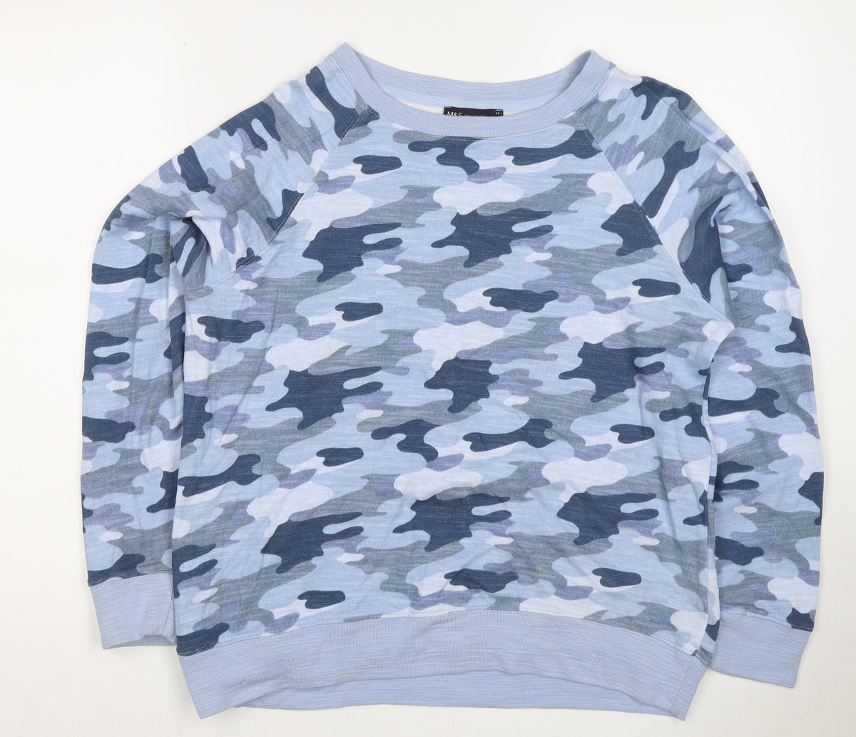 M&S Collection Women's Blue Camo Crew Neck Pullover Sweatshirt UK 14