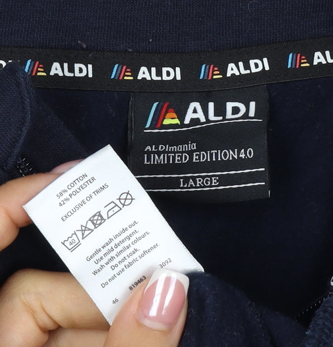 Aldi Mania Men’s Navy Large 1/4 Zip Logo Sweatshirt Limited Edition