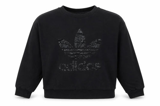 Front view of adidas girls’ black 9-10 years pullover sweatshirt trefoil logo