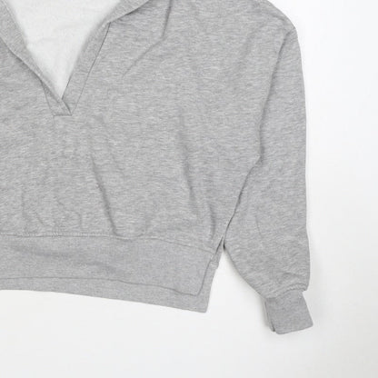 Monki Women Grey S Hooded V-Neck Pullover Sweatshirt Fleece