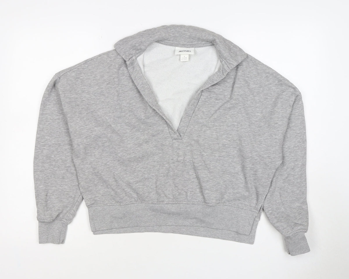 Monki Women Grey S Hooded V-Neck Pullover Sweatshirt Fleece