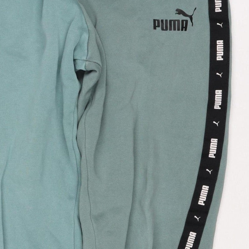 Puma Boys Green Track Pants 13-14 Years Cotton Blend Logo Tape Joggers