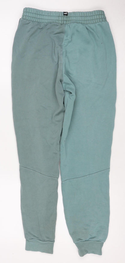 Puma Boys Green Track Pants 13-14 Years Cotton Blend Logo Tape Joggers