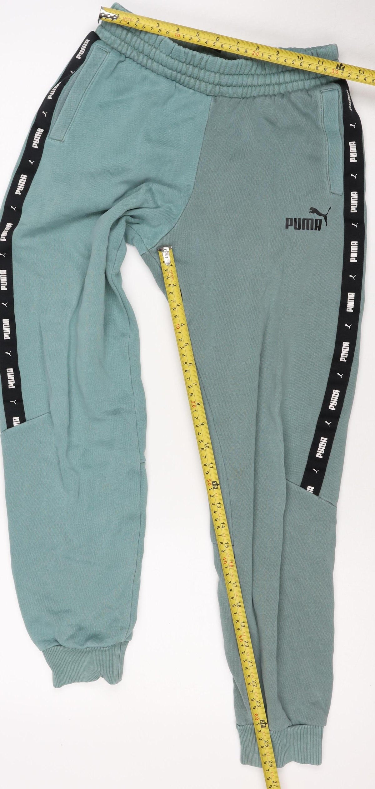 Puma Boys Green Track Pants 13-14 Years Cotton Blend Logo Tape Joggers